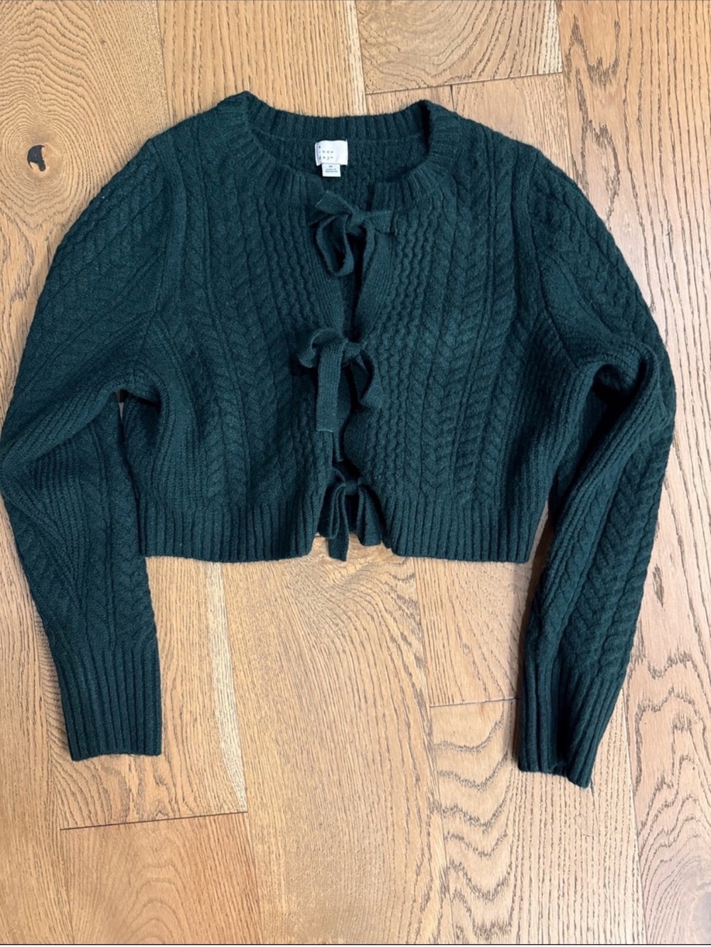 a new day Dark Green Cable-Knit Tie-Front Cropped Cardigan